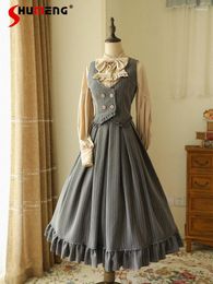 Casual Dresses Original Classical Lolita Ruffles Vest And Striped Long Skirt 2024 Fall Elegant Sleeve Bow Single Breasted Shirt Women