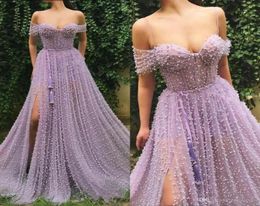 New Arrival Purple A Line Prom Dresses Sheer Neck Off Shoulder Tulle Pearls Side Split Floor Length Formal Dress Evening Gowns ogs6847816