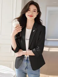 Women's Suits Korean Solid Commuting Work Suit Coat Spring Summer Seven-minute Sleeve One Button Blazer Tops Fashion Simple