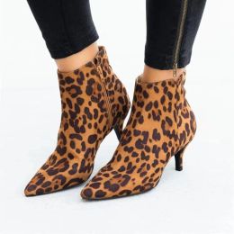 Boots Women Boots Spring Plus Size PU Leopard Printed Zipper Female Ankle Boots Pointed Toe Low Thin Heels Fashion