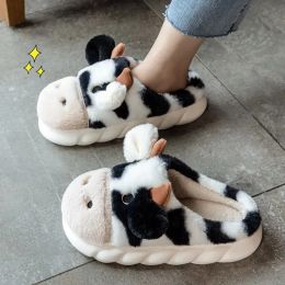 Slippers New Winter Cute Cow Slippers Teen Girls Crazy Animal Slides Shoes Women Fuzzy Indoor Piggy Slippers Woman Thick Warm Plush Shoes