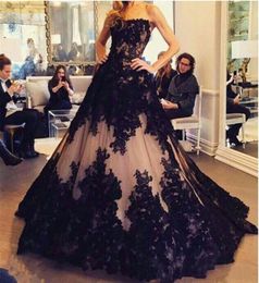 Lace Appliques Ball Gown Evening Dress Strapless Sleeveless Black and Nude Prom Gowns vestido largo de fiesta8334365