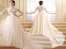 ZCL02 Cheap Illusion Bodice Lace 34 Long Sleeve Wedding Dresses 2019 Fall Champagne White Satin A Line Country Rustic Chic Bridal2984651