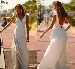 Simple Boho V Neck A Line Wedding Dresses Sleeveless Sequins Beaded Garden Beach Bridal Gowns Sexy Backless Sweep Train Women Bride Marriage Shower Robes CL3395