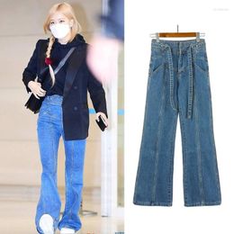 Women's Jeans Kpop Korean Celebrity ROSE Women Sexy Loose Straight Wide Leg Female Party Vintage Fashion High Waist Lace-Up Denim Pants