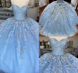 Baby Blue Lace Tulle Sweet 16 Dresses Off The Shoulder Floral Applique Tulle Beaded Corset Back Vestidos De Quinceanera Ball Gowns6800786