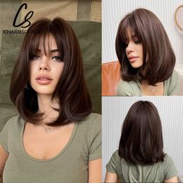 Synthetic Wigs Short Medium Bob Wig Natural Wavy Hair with Bangs Dark Brown Synthetic Wigs For Women Daily Party High Temperature Fiber 240318