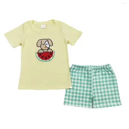 Clothing Sets Wholesale Short Sleeves Watermelon Dog Cotton T-shirts Kids Green Plaid Shorts Baby Boy Outfit Children Embroidery Summer Set