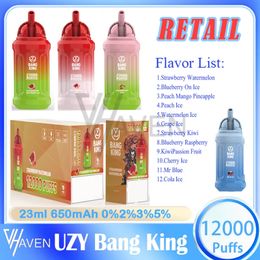original UZY Bang King 12000 Puff Disposable Vape Pen 0%2%3%5% Level 23ml Pre-Filled Pod Mesh Coil 650mAh Rechargeable BatteryPuffs 12 Flavours puffs 12k e Cigarette