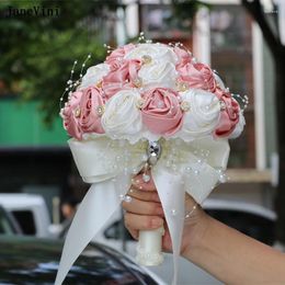 Wedding Flowers JaneVini Elegant Nude Pink Korean Bridal Bouquets Crystal Pearls Artificial Satin Roses Bridesmaid Bride Bouquet