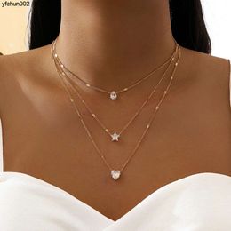 Hot Selling Fashion Simple Multi-layer Five Pointed Star Love Water Drop Pendant Necklace Clavicle Chain C8t0