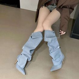 Brown~Willow nail buckle splicing two thin high heels denim pleated pile up boots female personality spicy girl fashion long boots