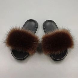 Slippers 15 Colours Fake Fox Fur Slippers Large Size Summer Open Toe Fluffy Fake Fur Slippers Casual Black Slippers Furry Shoes