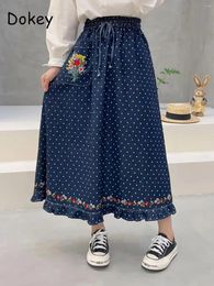 Skirts Women's Vintage Floral Embroidery Dot Denim Skirt Japanese Mori Girl Drawstring Pleated Long Female Casual Midi