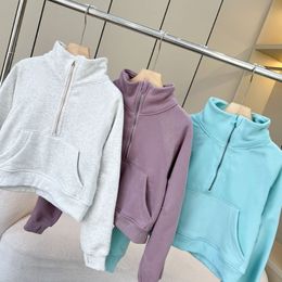 Half zip high neck loose hoodie sports jacket for women's autumn and winter plush and thickened casual sports hoodie lululemo