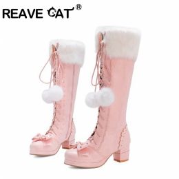 Boots REAVECAT Lolita High Boots Winter Warm Fur Neck Girls Cosplay Party Princess Shoes Lace Up Bowtie Chunky Heel Side Zipper PU