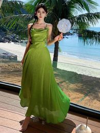 Casual Dresses Green Sleeveless Sexy Club Vacation Elegant Pleated Halter Bandage Long Dress 2024 Fashion Evening Party Women Summer
