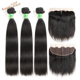 Closure Angel Grace Hair Indian Straight Hair 3 Bundles With Ear To Ear Frontal 100% Remy Human Hair Bundles With Lace Closure Frontal