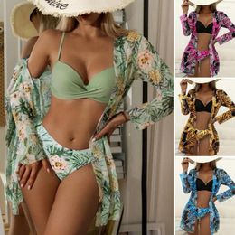 Women's Swimwear Women Three-piece Swimsuit Three Pieces Floral Print Bikini Set With High Waist Long Sleeve For