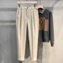 Men's Suits 2024 Autumn Winter Fashion Loose Straight Trousers Male Thicken Woolen Suit Pants Men Solid Color Casual H566