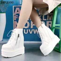 Boots British Style Women Boots Fashion Within Increase Womens Ankle Boots Platform LaceUp Motorcycle Boots 14 Cm Wedges High Heels