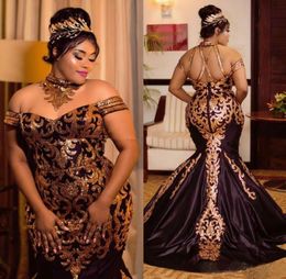 Plus Size Lace Mermaid Evening Dresses 2019 Sparkly Gold Sequined Halter Off Shoulder African Prom Gowns Sweep Train Satin Party D5331168