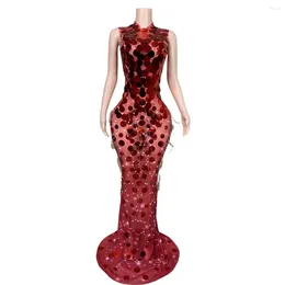 Stage Wear Sparkly Sleeveless Floor Length Round Sequins Dress For Women Stretch Singer Pageant Evening Prom Outfit Red
