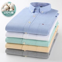 Mens Plaid Shirt 100% Pure Cotton Oxford Long Sleeve Spring Casual Striped Solid Daily Dress Shirts Buttondown Collar Big 7XL 240307