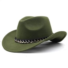 3 Sizes Western Cowboy Hat Chain Decor Wide Brim Jazz Felt Cap Vintage Women Men Fedora Outdoor Parentchild Riding Sun 240311