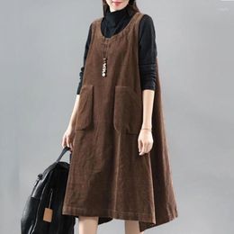 Casual Dresses Fashion Corduroy Dress 2024 Spring Autumn Loose Women's Sleeveless Pocket Vest Elegant Vestidos Female