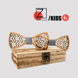 Boys Wood Bow Tie with carved Father Bowtie Kids Set Box Packing Gift set 240318