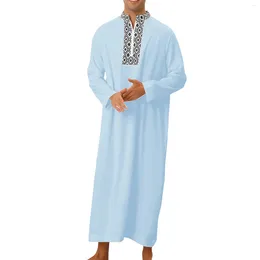 Ethnic Clothing Muslim Fashion 2024 Men Long Sleeve V-neck Solid Color Polyester Printing Jubba Thobe Abaya