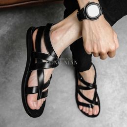 Sandals Rome Style Men Leather Sandals Cross Strap White Solid Men 2022 Summer Beach Shoes Size 3845 Daily Casual Outdoor Driving