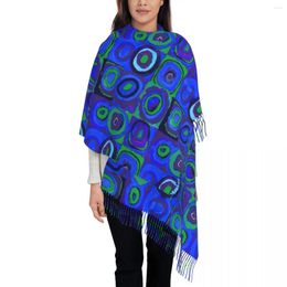 Scarves Retro Square Print Scarf With Tassel Blue Circles Warm Shawls Wrpas Unisex Design Headwear Winter Fashion Bufanda Mujer