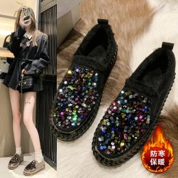 Boots 2023 Winter Warm New Luxury Bling Cotton Shoes Round Toe Woman Low Cut Lace up Casual Sneakers Plus Size 44