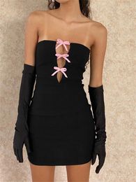 Casual Dresses Women Bow Strapless Dress Sleeveless Cut Out Bodycon Pencil Mini Gothic Grunge Y2K Aesthetic Sexy 2024 Summer