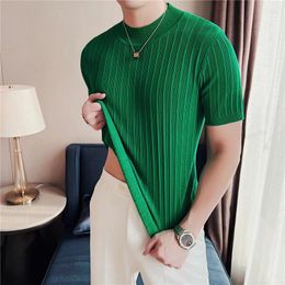 Men's T Shirts Men Short Sleeve T-Shirt Knitted Pullover 2024 Summer High Elastic Solid Casual Stripe Slim Fit Half Collar Knit Sweater