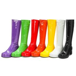 Boots Autumn Winter Patent Leather Boots Fashion Long Shoes Round Toe Platform Thick Heel Ladies Party Wear Green Yellow Lavender Blue