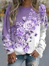 Women's Hoodies Floral Hoodie Women Fashion Flower 3d Print Round Neck Long Sleeve Elegant Harajuku Sweats Gym Tracksuit Clothing