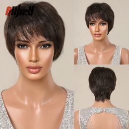 Wigs Short Dark Brown Wig with Bangs Synthetic Pixie Cut Natural Hair Wigs for Black Women Heat Resistant Female Cosplay Daily Hair