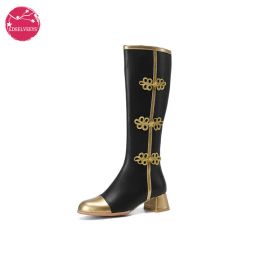 Boots Traditional Fashion Women Cosplay Knee High Boots Chuncky Heel Faux Cowhide Grain PU Leather Chinese Buckle Lolita QiPao Shoes