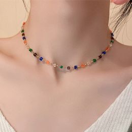 Trendy Cute Sweet Natural Stone 14k Yellow Gold Necklace For Women Girls Summer Simple Crystal Clavicle Chain Choker Necklaces New Jewelry Gift