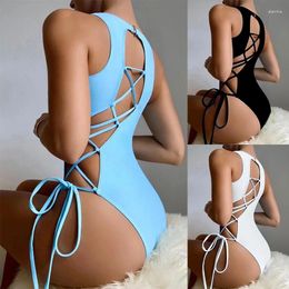 Women's Swimwear Sexy Round Neck One-piece Swimsuit Woman 2024 Design Sense European And American Solid Colour Triangle Lace-up Bikini Beach