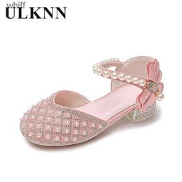 Sandals Kids Pink High-heeled Sandals 2024 Children New Shoes Princess Dress S Slippergirls Love Sally Single Pearl Dance ShoesC24318