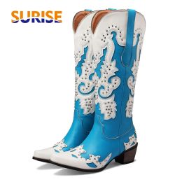 Boots Western Cowboy Knee High Boots Women Blue Red Mixed Colour Floral Fretwork Rivet Winter Pointed Toe High Heels Cowgirl Long Boots