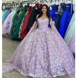Lilac Sweet 16 Quinceanera Dress with Cape Off Shoulder Butterfly Appliques Princess Party Gown Vestidos De 15 Anos