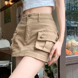 Skirts Khaki Denim Cargo Mini Skirt Women Summer High Waist Wrapped Hip Female Sexy Skinny Pockets Korean Y2k Short