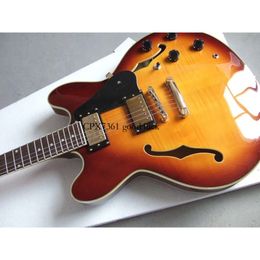 Flyoung G Semi Hollow Double F Hole Electric Guitar Dark Red Brown Ring Yellow Two Point Product Gold Accessories