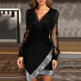 Casual Dresses Summer Women Sexy Mesh Long Sleeve V-Neck Dress Sequins Elegant Evening Party Female Clothing Vestidos Robe