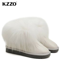 Sandals KZZO Fashion Style Natural Real Fox Fur Women Snow Boots Genuine Leather Wool Lined Ankle Winter Warm Shoes Waterproof White